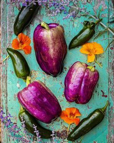 purple peppers and orange flowers on a blue surface