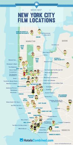 the new york city film locations map is shown in blue and has many people on it