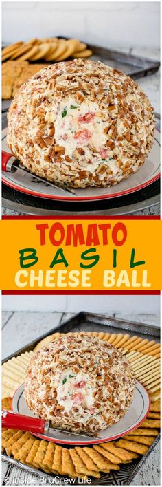 two images showing different types of cheese balls on plates with crackers in the background