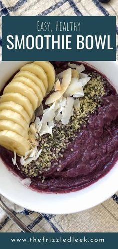 smoothie bowl with bananas, chia seeds and blueberry sauce in the middle