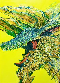 a painting of a dragon with its mouth open and eyes closed, on a yellow background