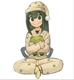 an anime character sitting on the ground with her arms crossed and holding a frog in her lap