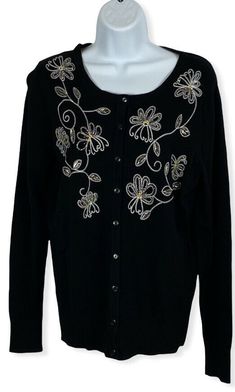 Charter Club M NWT Black Fine Gauge Cardigan Sweater Embroidered Beads Sequins armpit to armpit 18" sleeve length 25" sweater length 23"