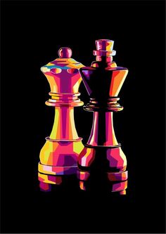 two colorful chess pieces sitting next to each other on top of a black background,