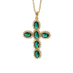 Passion Diamond & Green Jade Stone Cross Pendant Necklace - Green Elegant Gold Plated Emerald Pendant Necklace, Elegant Gold-plated Emerald Pendant Necklace, Elegant Clavicle Chain Jewelry With Cross Pendant, Elegant Clavicle Chain With Cross Pendant Jewelry, Elegant Clavicle Chain With Cross Pendant, Elegant Green Gold Plated Necklace, Elegant Green Gold-plated Necklace, Elegant Gold Plated Emerald Necklace For Gift, Luxury Gemstone Cross Jewelry