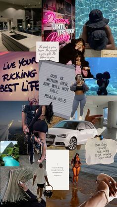 the collage has many different pictures and words on it, including people in swimsuits