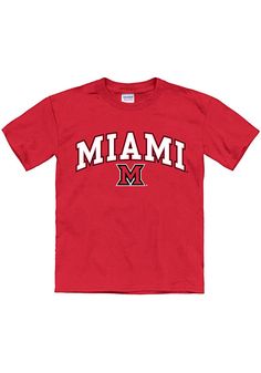 Your future Miami RedHawks will be ready for the game with this Miami RedHawks Youth Red Short Sleeve Tee. This Arch Mascot T-Shirt features a screen print team graphic on center chest. Red School Spirit Tops For School, Red Short Sleeve Tops With Team Logo, Red School Spirit T-shirt With Letter Print, Red T-shirt With School Spirit Letter Print, Red College Tops With Logo Print, Red Cotton School T-shirt, Red Short Sleeve T-shirt For School, College Team Name Red T-shirt, Red School Spirit T-shirt For Fans