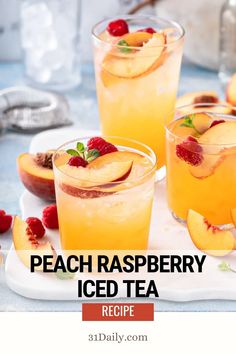 peach raspberry iced tea recipe on a white plate with fresh fruit and ice