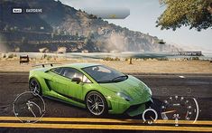 a green sports car driving down a road next to a mountain range with trees and mountains in the background