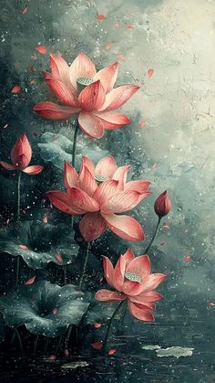 some pink flowers floating on top of water next to a sky filled with clouds and rain