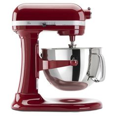 a red stand mixer sitting on top of a white table next to five star ratings