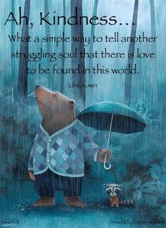 a painting of a bear holding an umbrella in the rain with words written below it