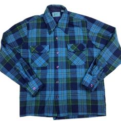 Vintage Dublin wool button front plaid flannel. Measures as a medium. 23 inches pit to pit, 26 inches long. 18 inches shoulder to shoulder. Made in Korea. 80s era. 85% reprocessed wool, 15% nylon. Two front slide pockets. Gorgeous cobalt, blue and green plaid. Excellent vintage condition, no rips, tears, or holes. Smoke and pet free home. Blue And Green Plaid, 80s Era, Shoulder To Shoulder, Mens Oxfords, Green Plaid, Plaid Flannel, True Vintage, Dublin, Vintage Clothing