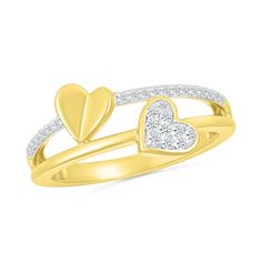 Find a cute way to show your growing affection with this diamond double heart split-shank promise ring. Fashioned in warm 10K gold A tilted heart-shaped composite sparkles along one ribbon in this split design. The second ribbon shimmers with diamonds and a sculpted polished heart along one side. This promise ring captivates with 1/8 ct. t.w. of diamonds. Gold Book, Split Design, Peoples Jewellers, Split Shank, Double Heart, Diamond Stone, 10k Gold, Stone Settings, Promise Rings