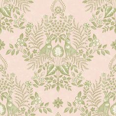 a pink and green floral wallpaper with birds