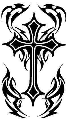 an artistic cross with flames on it, in black and white tattoo style art design