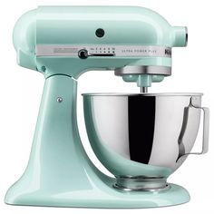 an aqua green kitchen mixer on a white background