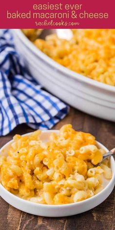 a bowl of macaroni and cheese with a spoon in it next to a casserole dish