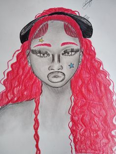 a drawing of a woman with long red hair and stars on her face, wearing a hat