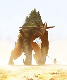 an image of two dinosaurs walking in the sand with trees on their back and one standing behind them