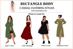 Best Casual Clothing Styles for Rectangle Body Shape 14 Rectangle Body Shape Outfits Korean, Rectangle Body Shape Fashion, Inverted Triangle Body Shape Fashion, Body Type Clothes, Triangle Body Shape Fashion, Rectangle Body Shape Outfits, Dress For Body Shape, Daughter Fashion, Dress Body Type