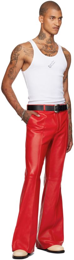 Flared nappa lambskin pants. · Belt loops · Four-pocket styling · Zip-fly · Pinched seam at front and back legs Supplier color: Red Red Leather Bottoms For Work, Red Fitted Leather Pants, Fitted Red Pants With Belt Loops, Fitted Red Leather Trousers, Bell Bottom Trousers, Mens Leather Pants, Checked Trousers, Biker Leather, Pleated Pants