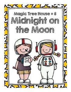 a book with an image of two children in space suits and the words, magic tree house 8 midnight on the moon