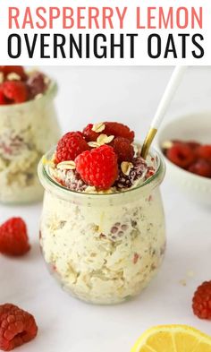 raspberry lemon overnight oats in a jar with strawberries on the side