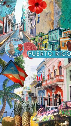 a collage of colorful buildings and pineapples in the foreground is an american flag