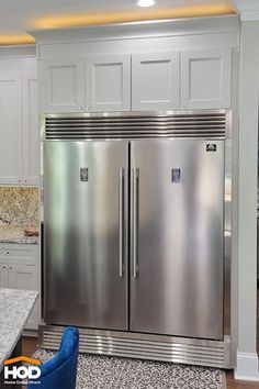 a stainless steel refrigerator in a kitchen with the words real customers real results above it