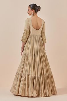 Beige anarkali featuring zardozi and sequin floral embroidery with a tiered design. Paired with an embroidered border dupatta., Fit: Relaxed Beige Anarkali, Anarkali With Dupatta, Embroidered Anarkali, Embroidered Border, Women Kurta, Embroidered Silk, Aza Fashion, Anarkali, Floral Embroidery