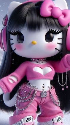 the hello kitty doll is wearing headphones and pink pants with chains around her neck