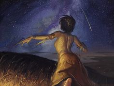 a painting of a woman reaching for the stars in the night sky with her arms outstretched