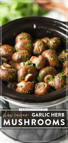 SLOW COOKER GARLIC HERB MUSHROOMS, crockpot, slow cooker recipes Crockpot Mushrooms, Crockpot Side Dishes, Vegetarian Slow Cooker Recipes, Garlic Butter Mushrooms, Jalapeno Sauce, Slow Cooker Vegetarian, Garlic Herb, Slow Cooking