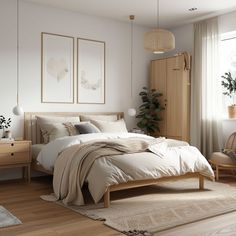 a bedroom with white walls and wooden floors, large bed in foreground, plant on the far wall