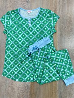 Lucky Green Shamrock Pajama Set Green Shamrock, Lucky Green, Shorts Sweatpants, Pants With Pockets, Cute Comfy, Shorts With Pockets, Short Sleeve Top, Out Of Style, Go Out