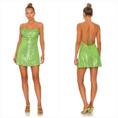 Self: 95% Poly, 5% Spandex Lining: 90% Poly, 10% Spandex Made In China Hand Wash Fully Lined Pull-On Styling Adjustable Back Tie Allover Sequin Embellishment A Few Sequins On The Back Are Lost. See All The Photos Carefully Green Fitted Backless Dress, Fitted Green Backless Summer Dress, Spring Stretch Backless Cocktail Dress, Fitted Green Mini Dress Flirty Style, Green Fitted Mini Dress Flirty Style, Green Sequined Backless Mini Dress, Green Sequin Backless Mini Dress, Green Backless Sequin Mini Dress, Fitted Backless Mini Dress With Sequins