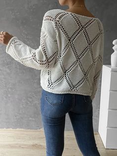 Women  Spring and Summer V neck Hollow Long sleeve Sweater - White,S White Chic Crew Neck Cardigan, Chic White Crew Neck Cardigan, White Open Knit Crew Neck Cardigan, White Crew Neck Open Knit Cardigan, White Crew Neck Cardigan With Open Knit, Casual Open Knit Crew Neck Cardigan, Sweater White, Evening Gowns Formal, Style Elegant