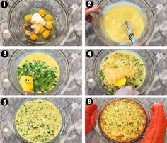 four pictures showing how to make an egg casserole in a glass bowl with carrots and other ingredients