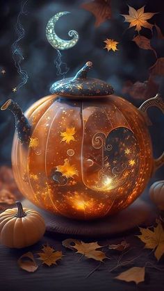 a pumpkin teapot with glowing stars and swirls on the top, surrounded by autumn leaves