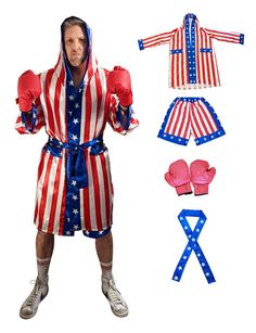 a man dressed in an american flag outfit and boxing gloves