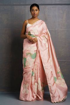 Peach floral applique embroidered saree with loop motif lace hem. Comes with unstitched blouse piece. - Aza Fashions Festive Floral Embroidered Raw Silk Pre-draped Saree, Festive Pre-draped Saree With Floral Embroidery In Art Silk, Pink Embroidered Cotton Silk Pre-draped Saree, Tissue Silk Pre-draped Saree With Floral Embroidery For Festivals, Raw Silk Pre-draped Saree With Resham Embroidery, Navratri Floral Embroidered Art Silk Pre-draped Saree, Navratri Art Silk Pre-draped Saree With Floral Embroidery, Navratri Pre-draped Saree With Floral Embroidery, Embroidered Pre-draped Tussar Silk Saree