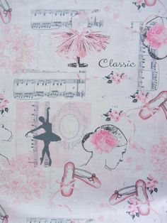 a pink and white fabric with ballet themed images on it's side, along with musical notes