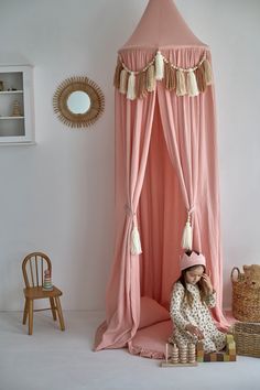 "princess canopy bed 1❤️:PRODUCT DETAILS - Dimensions: Size: 25\" inches - (62cm) diameter on top, 95\" inches - (235cm ) high, 157-400\" around the bottom can fit all size bed. Material: 100% cotton. The kit includes two suspension clamps on the sides and a large tassel attached on topю. Care details: Do not bleach, rub, wring, or dry cleaning tumble dry. Should cold hand wash or drip dry in shade. 2❤️:UNIQUE Dream Princess Design - It can not only block light, also as a perfect decoration for room.This bed canopy perfect for girl crib, kids,children's bed.Enjoying decor your own princess style mosquito net. 3❤️:Easy Installation - with the hanging kit (Sticky hook), only takes seconds to hang the hoop from the ceiling and adjust the net, anyone could do it. No need to measure or mount mu Girls Canopy Bed, Canopy Reading Nook, Girls Canopy, Girls Bed Canopy, Kid's Bed, Hanging Canopy, Kids Bed Canopy, Princess Canopy Bed, Princess Canopy