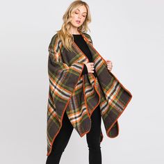 Size : 53" X 55" Material : 100% Polyester Winter Plaid Poncho, Cozy One-size Green Poncho, Cozy Multicolor Long Sleeve Poncho, Green Plaid, Check Pattern, Plaid, Green, Pattern