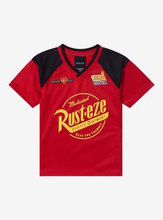 With a little Rust-eze—and this jersey—your little one can look like Lightning McQueen! This Cars shirt features prints of the Rust-eze logo and embroidered patches of sponsors like the Cozy Cone Motel. With McQueen's name and number on the back  it's perfect for the next race!A BoxLunch Exclusive!Recycled polyester	Listed in toddler sizesWash cold with like colors; dry lowDo not iron over printImported Mater Cars Disney, Lightning Mcqueen Shirt, Cozy Cone Motel, Parent Dr, Embroidered Things, Toddler Soccer, Car Outfit