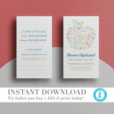 two business cards on top of each other, with the words instant printables