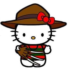 the hello kitty is wearing a hat and holding a knife