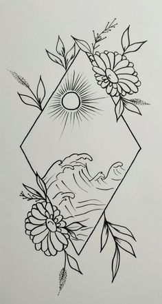 a drawing of flowers and leaves on a white paper with the sun in the background