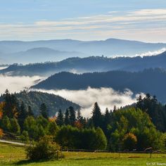 the mountains are covered in fog and low lying clouds as seen from an overlook point